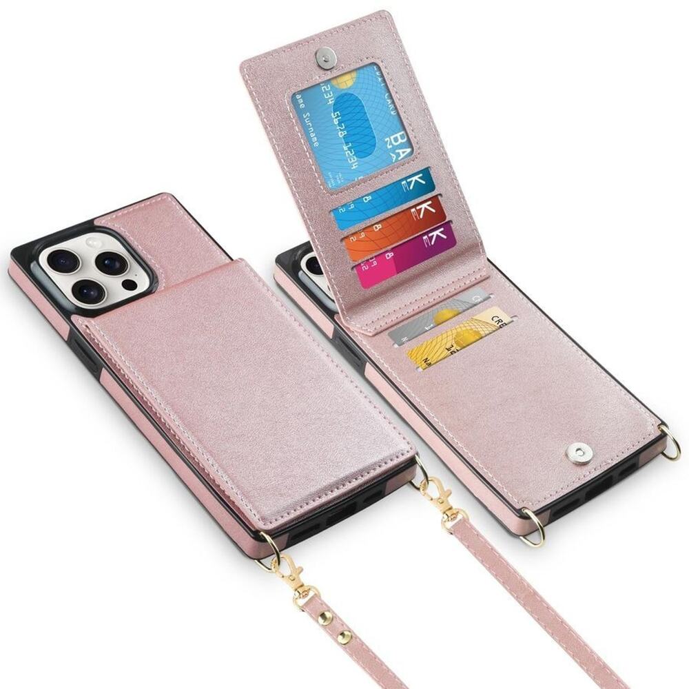 iPhone 15 Pro Max Case w/Card Holder Crossbody Lanyard Strap Leather Wallet